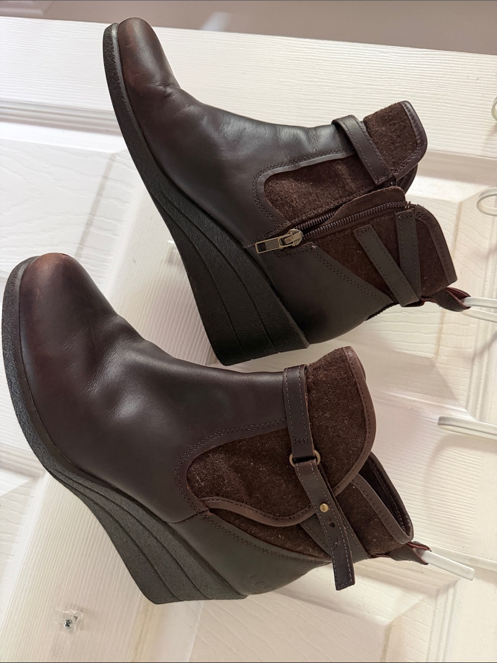 UGG Chocolate Brown Wedge Ankle Boots with Strap Detail